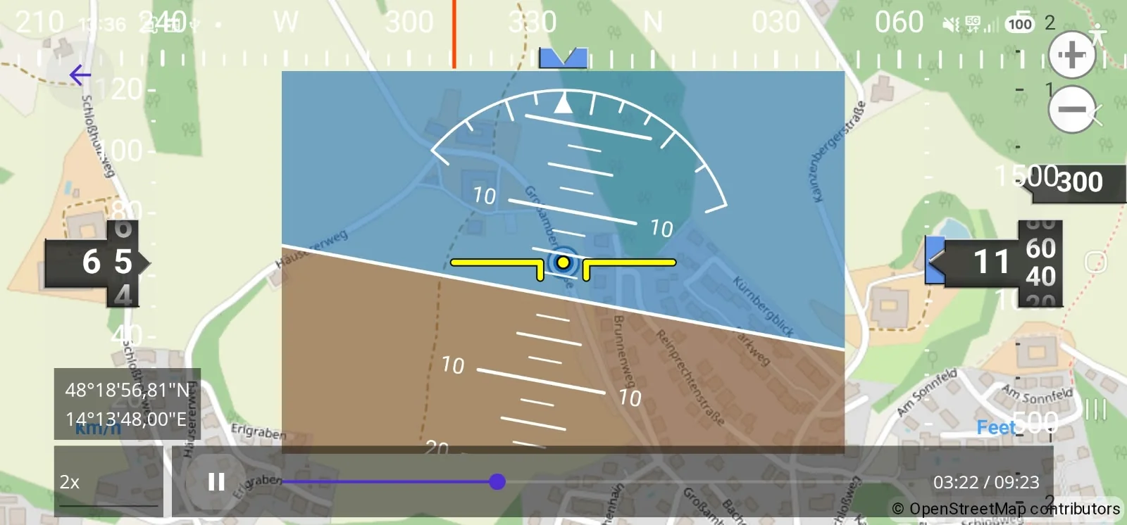 Replay of a drive on the map with all instruments and a playback bar