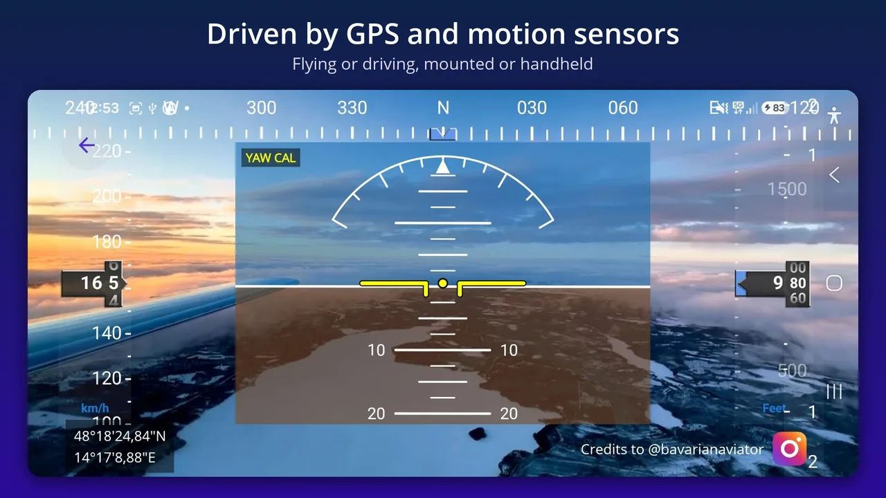 Driven by GPS and motion sensors, in flight above the clouds