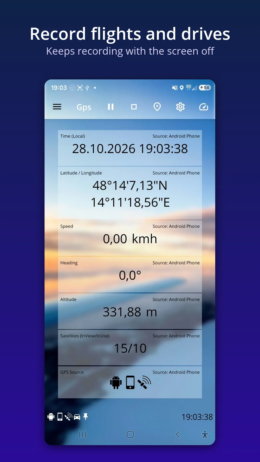 GPS Data page while recording, with satellite count